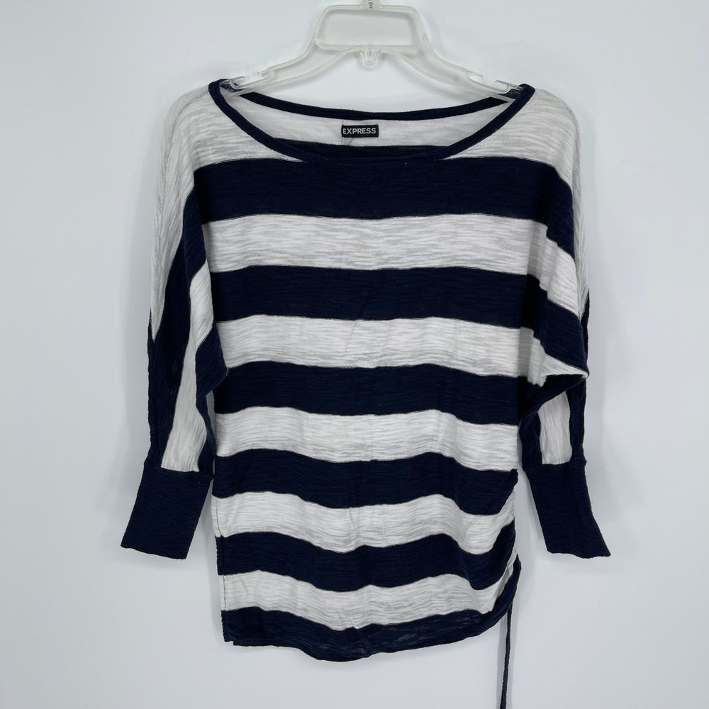 Express Women's Blue White Striped Semi Sheer Ruched Nautical Tunic Top Sz L